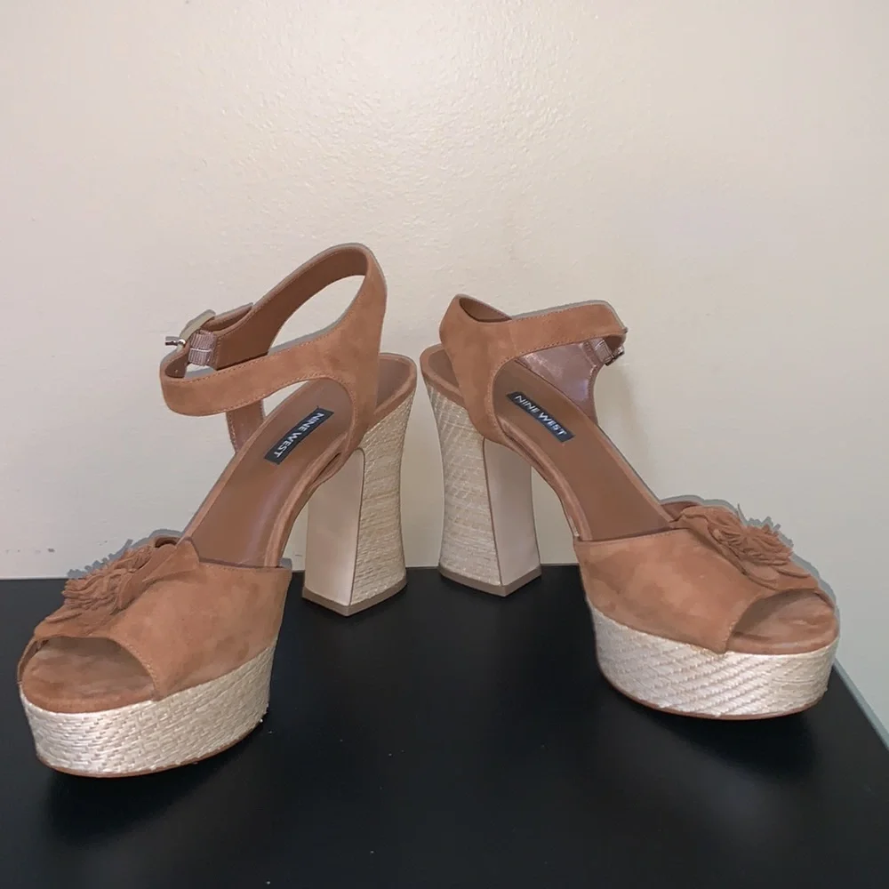 Nine West Winflower Chunky Block Heel Strappy Sandals Brown Leather - Picture 8 of 14